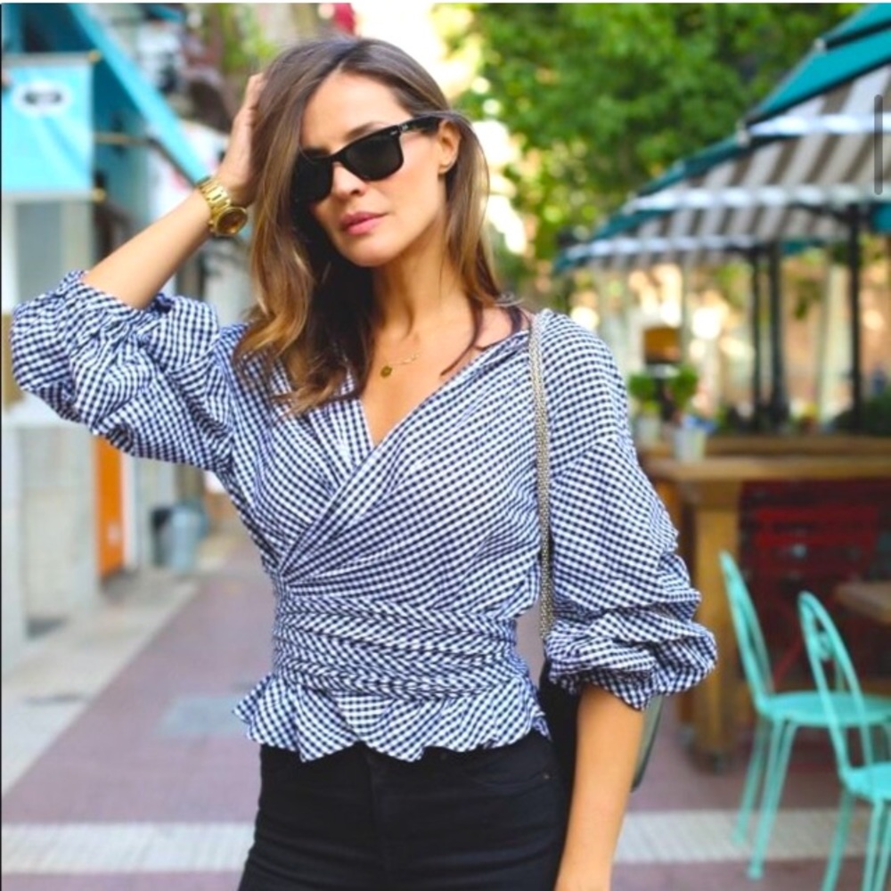 Gingham Puff Sleeve Wrap Top